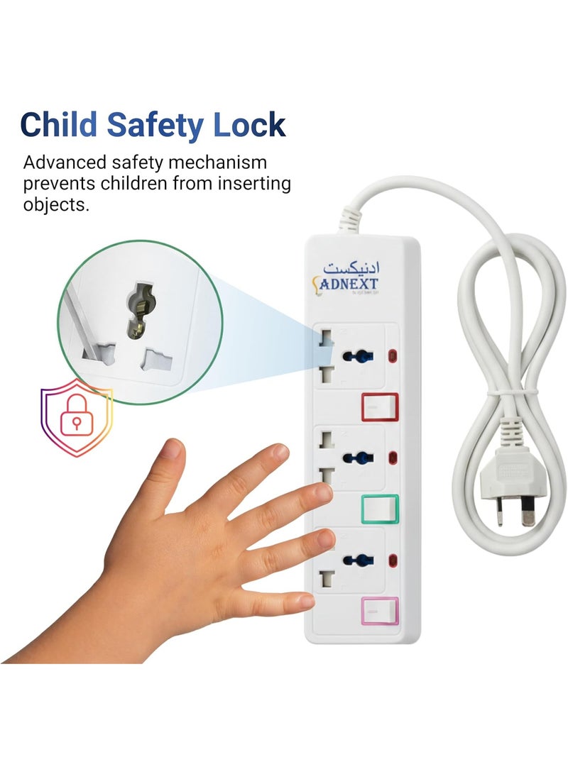 Adnext Power Socket with 3 Way Outlets and Extension Cord, 3 Meter Length, White - Image 2